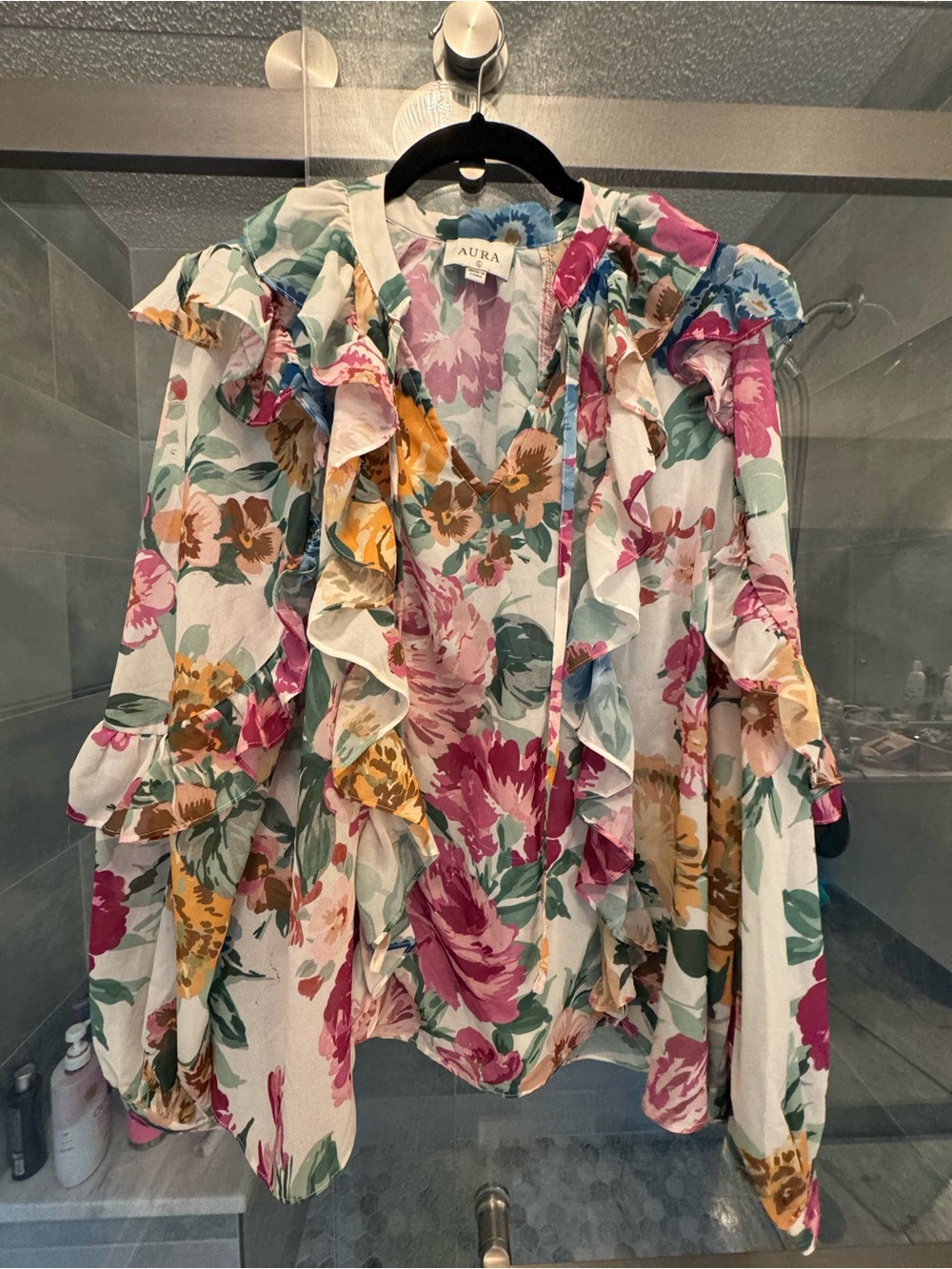 Aura Red Dress Boutique Multicolor Floral Ruffle Blouse